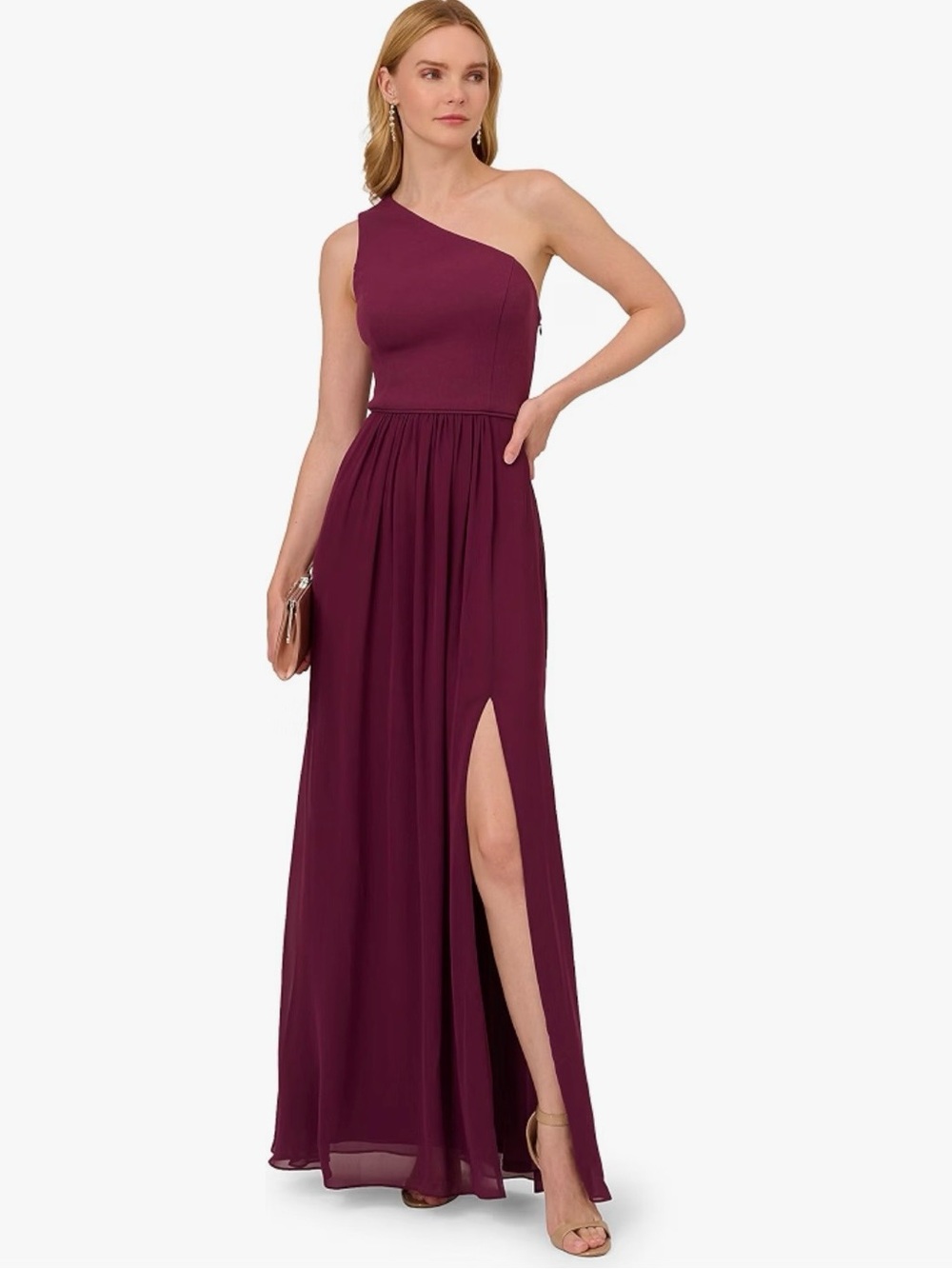Brand New! Adrianna Papell One-Shoulder Plum Evening Gown with High Slit-Size:14